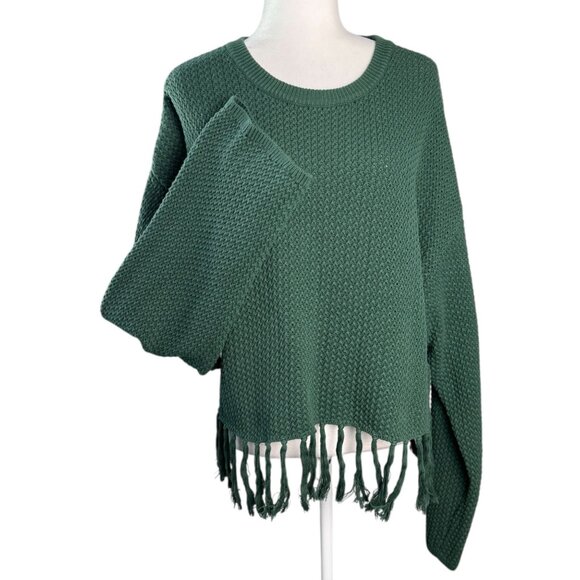 Anthropologie Le Lis Forest Green Boho Textured Knit Sweater Fringe Hem Womens L - Picture 2 of 8